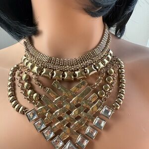 Gold Layered Bib Necklace with Crystal Accents